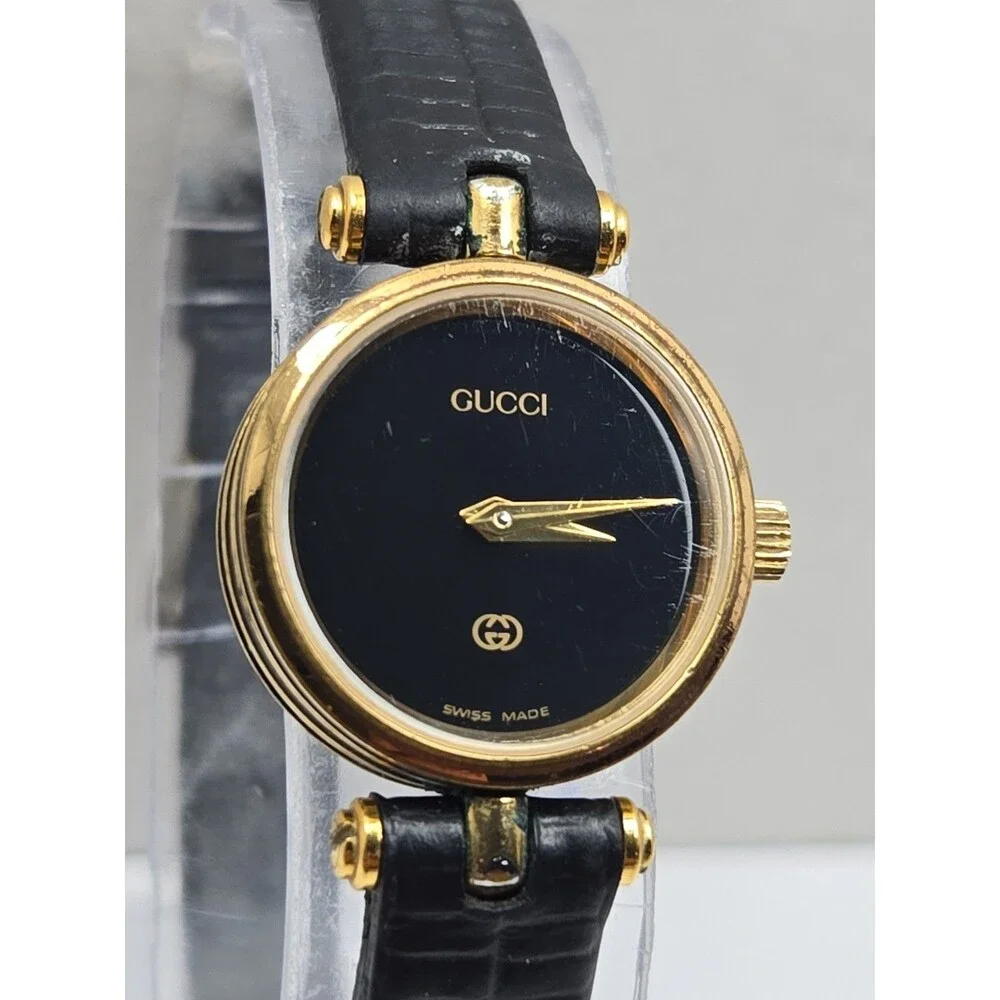 Vintage Gucci Womens Stack Gold Plated Black Dial Quartz Swiss Watch New Battery